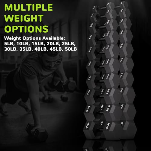 Fitvids Rubber Encased Exercise & Fitness Hex Dumbbell, Hand Weights with Anti-Slip Metal Handle for Home Gym, Multiple Sizes - style: 45LB Single