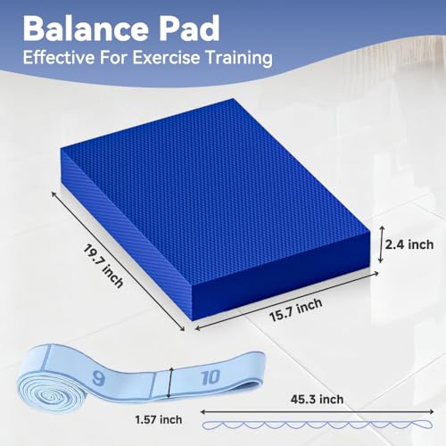 Extra Large Yoga Exercise Balance Pad - Thick Non-Slip Stability Cushion for Pilates and Exercise - High Density Foam Trainer for Core Strength Home Gym - Bonus: 10-Position Resistance Band!