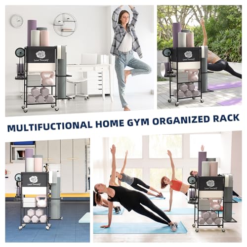 Multi-Functional Home Gym Storage Rack,All-in-One Weight Rack,Yoga Mat Foam Rollder Holder with Wheels and Side Holder - color: Black