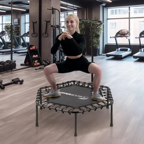 Upper bounce Mini Workout Trampoline Adjustable tshaped handrail – Hexagonal rebounder Trampoline Kids & Adults – Fitness Recreational Trampolines, Supports up 220lbs. (Black, 50 Inches)