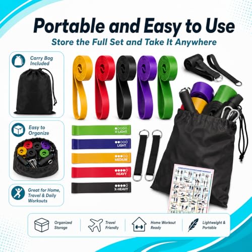 Exercise Bands Resistance Bands Set, 5 Pull Up Bands and 5 Loop Bands with Door Anchor, 2 Handles, Carry Bag and Training Guide for Women Men, Home Workout, Strength Training