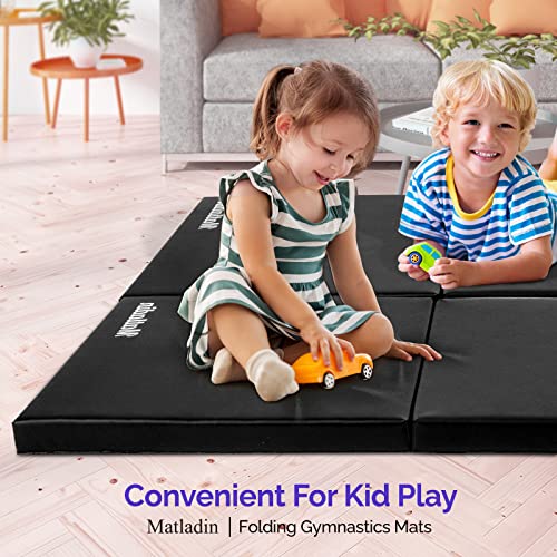 Matladin 6' Folding Tri-fold Gymnastics Gym Exercise Aerobics Mat, 6ft x 2ft x 2in PU Leather Tumbling Mats with Hook & Loop Fastener for Stretching Yoga Cheerleading Martial Arts - color: Black