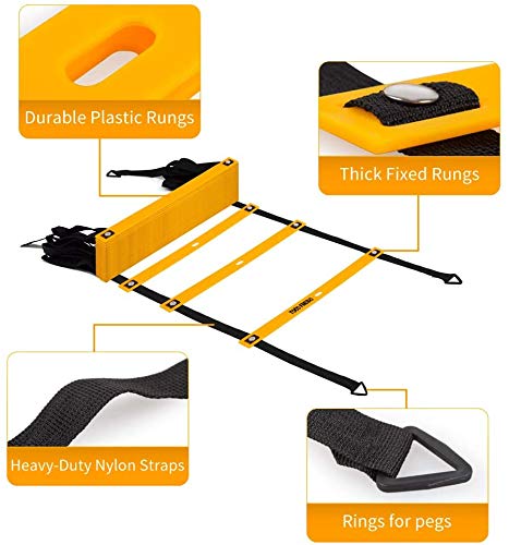 TOCO FREIDO Speed&Agility Training Set – 20ft Agility Ladder Set with 12 Rungs, 4 Adjustable Training Hurdle, 12 Disc Cones, 2 Resistance Bands, 1 Running Parachute and Footwork Drills Equipment