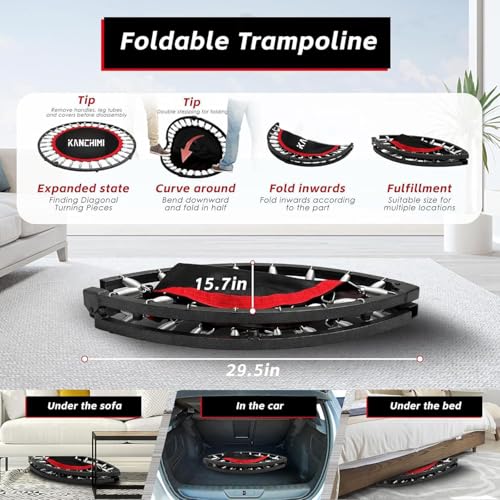 550 LBS Foldable Mini Trampoline, 40" Fitness Trampoline Without armrests/U Shape Adjustable Foam Handle, Stable&Quiet Exercise Rebounder for Adults Indoor/Outdoor Workout (red, 40 inch)