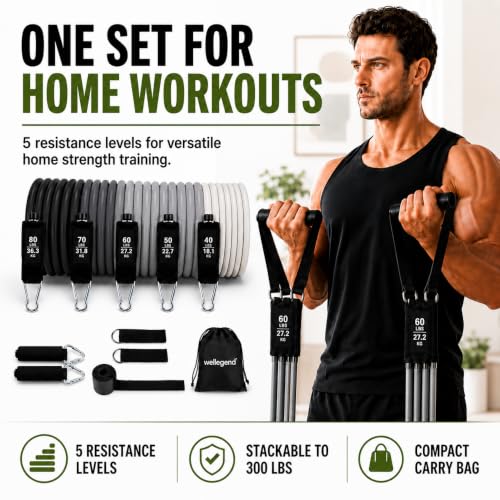 Resistance Bands Set with Handles, Door Anchor and Ankle Straps, 300 LBS Stackable 5-Tube Exercise Bands for Home Workouts and Strength Training
