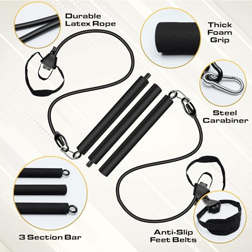 Pilates Bar Kit with Resistance Bands for Women & Men(30,40,50 Lbs), Pilate Bar with Non-Slip Foot Belts, 3-Section Pilates Bar Workout Equipment for Legs, Hip, Waist and Arm