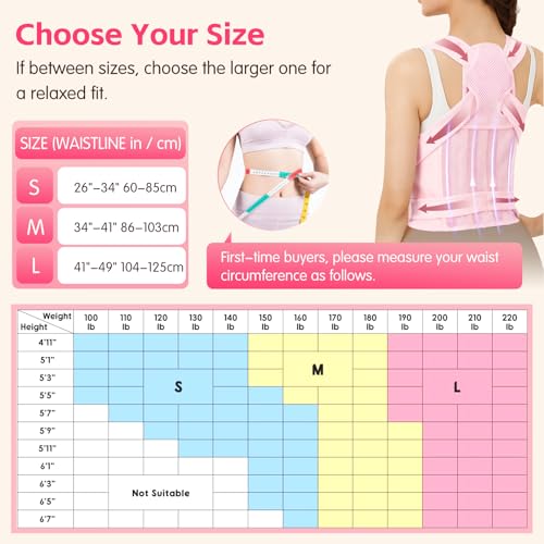 Posture Corrector for Women & Men, Adjustable Back Brace with Shoulder Straightener & Lumbar Support for Upper & Lower Back Pain Relief, Spine Support, Hunchback & Scoliosis, Pink, Small
