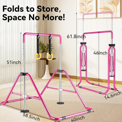 Kids Gymnastics Bar Gymnastic Equipment for Home Adjustable Height Gymnastic Training Bar Gymnastic Stuff for 3-7 Years Old Girls - color: Pink with ring
