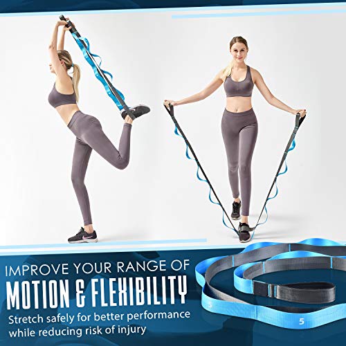 Yoga Stretching Strap | 12 Loops Non-Elastic Stretching Yoga Strap | Stretching Band for Physical Therapy, Home Workout Exercises, Pilates & Dance | Includes Carrying Bag & Workout Guide