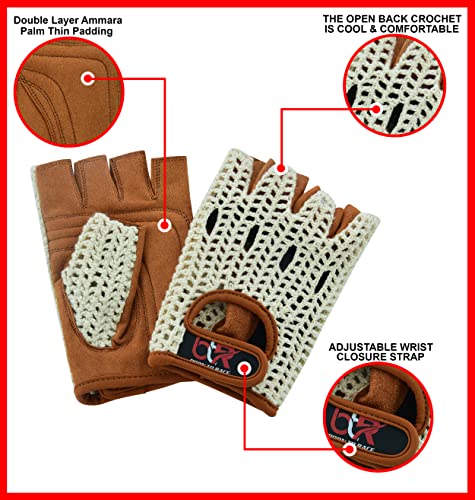 Men's Chauffeur Half Finger Padded Gloves - Driving, Motorbike, Cycling, Gym, Wheelchair, Crochet Back - color: White/Brown, size: Small
