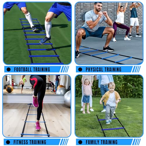 Complete Agility Ladder Training Set - 20ft Speed Ladder, 6 Adjustable Hurdles, 20 Cones, 5 Resistance Bands, 2 Speed Training Parachutes, Jump Rope, Nylon Carry Bag & Stakes