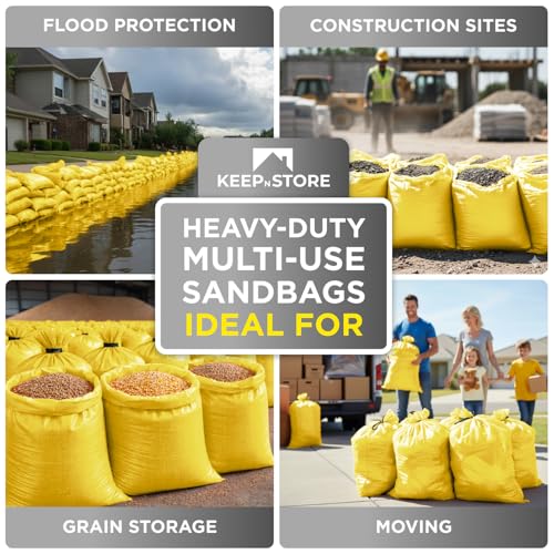 Heavy Duty Sand Bags Pack of 12, Bright Yellow Empty Sandbags with Built-In Ties, Woven Polypropylene UV Protection 1600 Hours, Fillable Bags for Flood Control, Weight, 14x26 inches, 50 Pounds Volume - size: 14"W x 26"L, style: Pack of 12