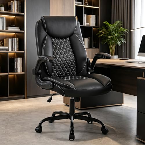 YFO Leather Office Ergonomic Home Office Desk Chair, Back Support Swivel Executive Office Chair with Wheels and Flip-Up Armrests, Small Gaming Chair with Adjustable Rocking Function, Black