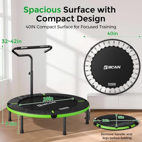 BCAN SP3 40"/48" Foldable Mini Trampoline, Rebounder Trampoline for Adults, U/T Adjustable Foam Handle, Exercise Rebounder for Adults Indoor/Garden Workout, Max Load 330lbs/440lbs-40T-Green