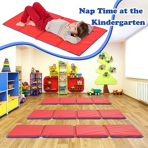6 Pack Folding Rest Mat Toddler Nap Mat Upgraded Folding Exercise 1 Inch Thick 4 Section Classroom Sleeping for Preschool Daycare Kindergarten Yoga School Travel Home Supplies - color: Red, Blue