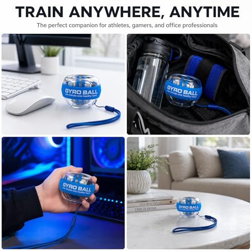 Gyro Ball Wrist Trainer, Auto Start Grip Strength Trainer with Battery-Free Self-Generating LED Lights, Forearm Trainer and Hand Exerciser, Torque Ball for Fitness, Office and Gaming - color: Blue