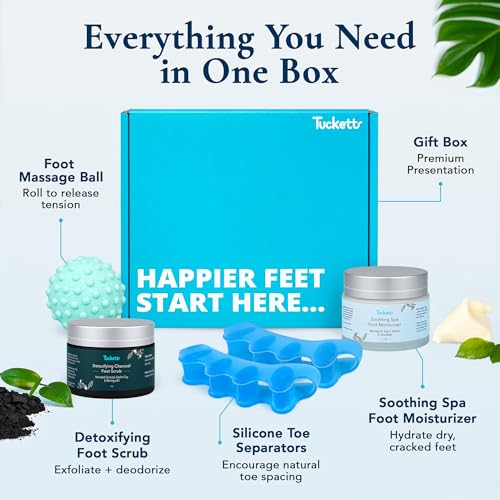 Tucketts Foot Spa Kit for Women - More than a Pedicure Kit with Foot Massage Ball, Toe Separators for Bunions, Charcoal Foot Scrub, Shea Butter Moisturizer for Dry Feet, Self Care Gifts for Women