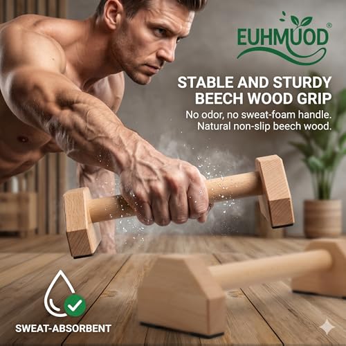 Wooden Push Up Bars Suitable for Home Gym Fitness Training Equipment Solid Beech Wood Parallettes Pushup Stands with Non-Slip Rubber Base for Wrist Comfort and Calisthenics Workout