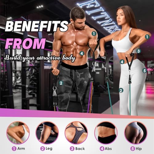 WHATAFIT Resistance Bands with Handles, 5-Level Exercise Bands for Workout - color: Morandi-01