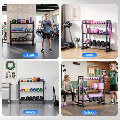 3 Tier Dumbbell Rack Stand, Adjustable Width Weight Rack for Home Gym with Wider Base & 6 Side Hooks, Heavy Duty 450LBS Capacity Weight Storage Organizer for Dumbbells and Kettlebells