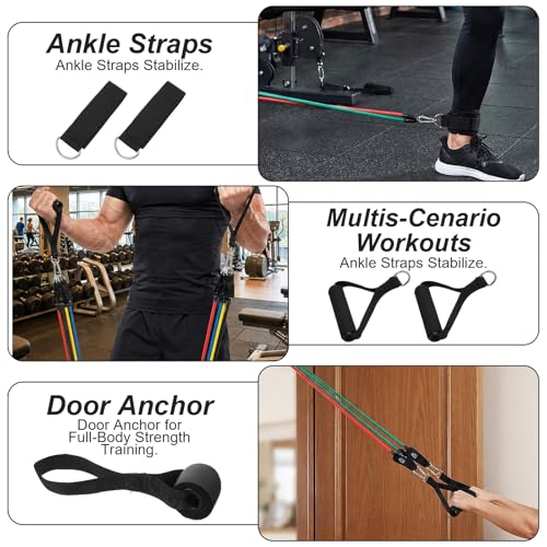 11PCS Resistance Bands, 150 LBS Exercise Bands Set with Handles, Work Out Band with Door Anchor, Ankle Straps for Strength Training, Yoga, Pilates, Physical Therapy, Home Gym