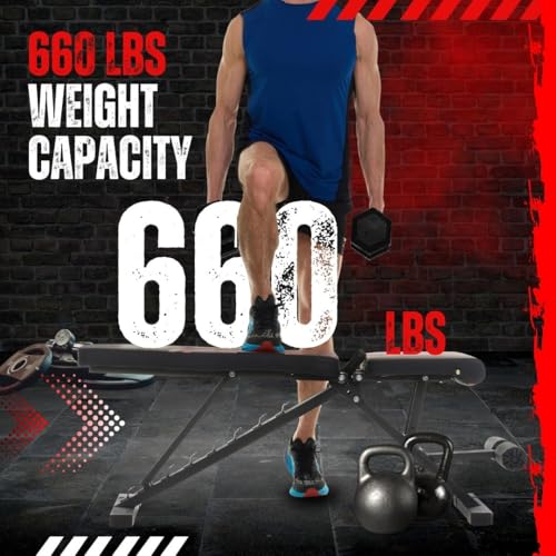 Adjustable Weight Bench - Professional Grade Fitness Equipment for Full Body Workout. Larger Size, Heavy-Duty Steel Construction, 8-Position Backrest, Foldable Design, Ready to Use
