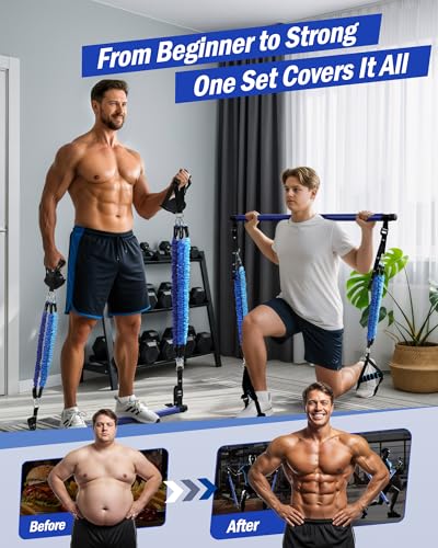 Upgraded Pilates Bar Kit with Resistance Bands Natural Latex for Women & Men, Heavy-Duty Stainless Steel Multifunctional Yoga Pilates Stick for Home Gym Exercise Fitness Equipment Full-Body Workouts