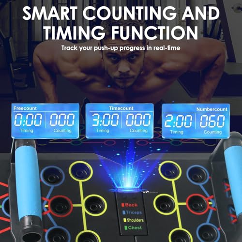 Push Up Board with Resistance Bands, Foldable Push Up Bar with Counter/Timer, Multi-function Push-Up Stand Home Workout Equipment with Handles for Fitness Burn Fat Chest Strength Training