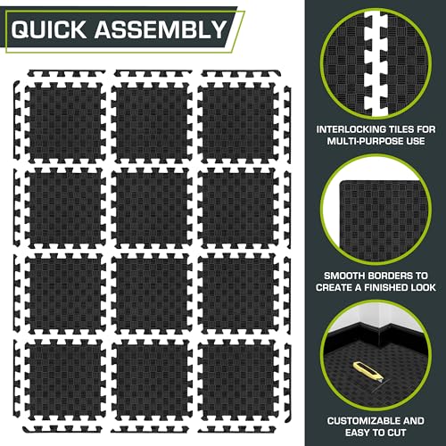 ProsourceFit Exercise Puzzle Mat ½-inch, Checkered EVA Foam Floor Tiles w/ Non-Slip Texture, Interlocking Design for Adjustable Gym Surfaces, Shock Absorbing, Black, 12 SQ FT - 12 Tiles