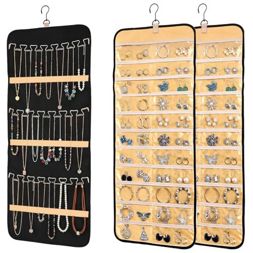 2pcs Double-Sided Hanging Jewelry Organizer for Closet with 48 Pockets & 21 Necklace Hooks Wall Mount Earring Holder Organizers Bracelet Necklace Display Hanger for Women Closet Wall Rings Display