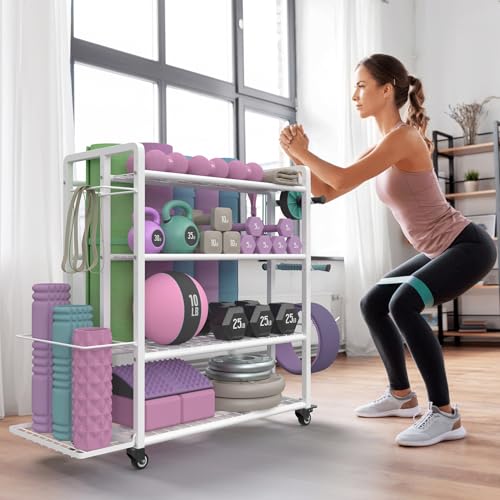 4-Tier Weight Rack for Home Gym with Wheels and Hooks - size: Large White