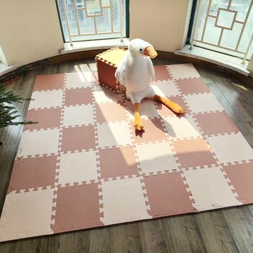 TCBunny Kids Soft EVA Foam Jigsaw Puzzle Play Mat, 36 Interlocking Tiles and Edges Baby Play Mat, for Kids Gym, Nursery, Playroom, Pet Mat, Total Floor Coverage 32 Sq Ft, Pink/Peach