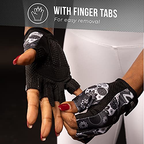Contraband Pink Label 5237 Womens Designer Workout Gloves | Sugar Skull Print w/Grip-Lock™ Padding (Gray, Medium) - color: Gray, size: Medium