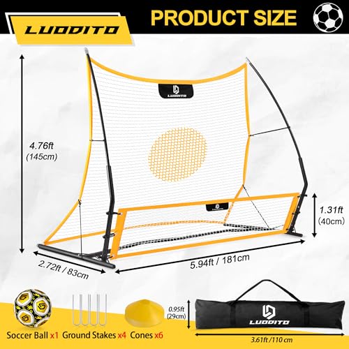 Soccer Rebounder Net, 2-in-1 Soccer Trainer, Soccer Training Equipment for Solo Passing Volley Control Practice, 6'x4.7' Large & 6'x16 Small Soccer Bounce Back Net with Ball, Carry Bag, Cones