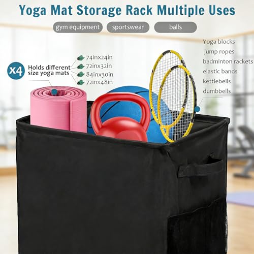Yoga Mat Holder, Gym Mats Storage Rack with Wheels, Foldable Fitness Equipment Organizer for Home Gym Decor – Holds 4 Mats, 2 Foam Rollers, 6 Bands, with Mesh Pockets