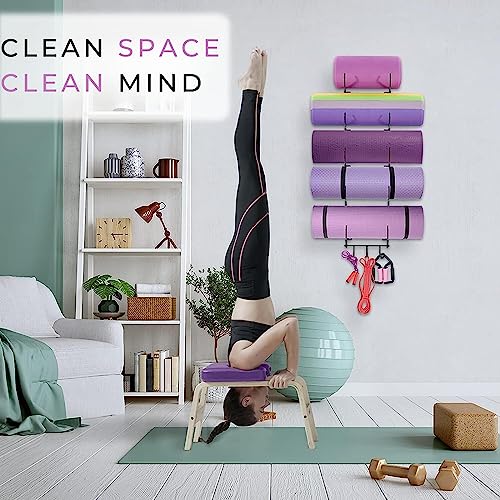 Yes4All 3-Tier and 5-Tier Steel Yoga Mat Rack Organizer Wall Mount with 3 Hooks, Foam Roller Holder Wall Mount Rack For Yoga Mat Storage, Hanging Yoga Strap and Resistance Bands