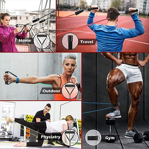 Workout Resistance Bands 150lb Exercise Stretching Men Women Pilates Training Band with Handle 5 Strength Level for Physical Therapy, Yoga, Pilates, Door Anchor, Storage Pouch