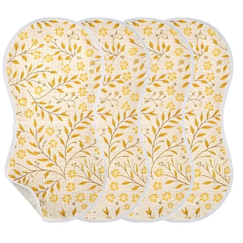 Yellow Leafy Botanical Muslin Burp Cloths 1 Pack - Extra Large 22"x11", 4-Layer Soft Absorbent Cotton, Waterproof Backing, Baby Drool Rags for Newborn
