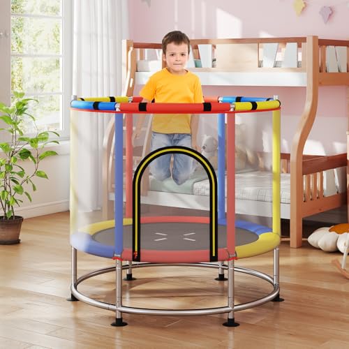 GYMAX 55" Trampoline for Kids, 440LBS 6 in 1 Toddler Rebounder with Swing, Basketball Hoop, Punching Bag, Rings & Bar, No-Gap Jumping Mat Mini Indoor Outdoor Trampoline - color: Red-Navy-Yellow