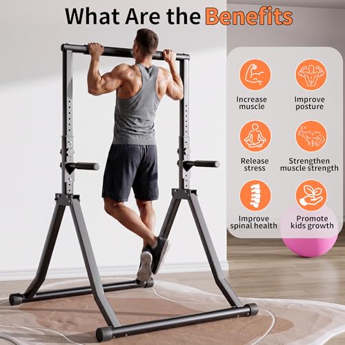 Foldable Power Tower Dip Station for Pull Ups, 58.3"-76.8" 12 Level 700 LBS, Adjustable Dip Handles & Assistance Bands Foldable Home Gym Equipment - color: 58.3"-76.8" with Dual Dip Handles