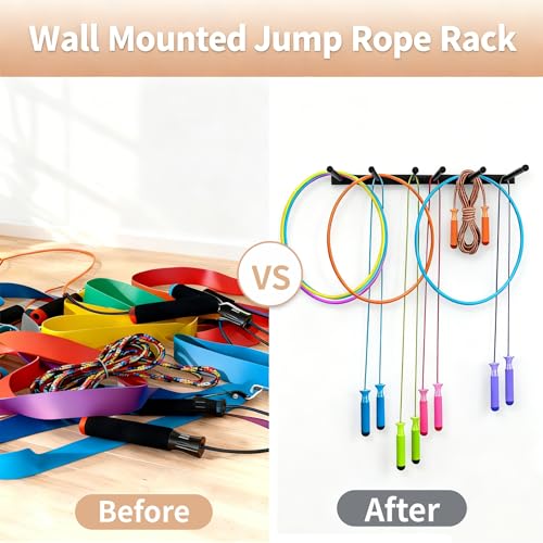 Wall Mount Jump Rope Rack Multi Use Hoop Rope Holder Organizer Fitness Equipment Storage Rack for Hoops, Foam Rollers Resistance Bands,Home/Gym Storage