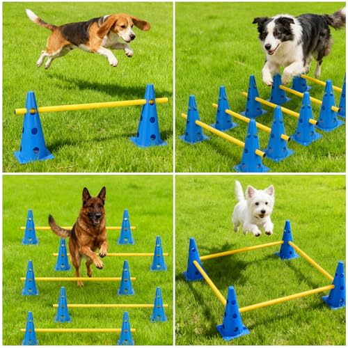 Dog Agility Hurdle Cone Set, 10er 12.5Inch Agility Cones and 5er 31.5Inch Agility Rods, Height Adjustable Crossbar for Dog Obstacle Course Rehabilitation & Beginners