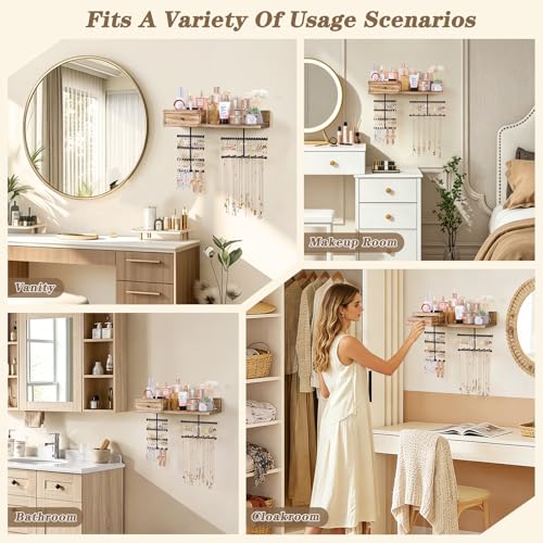Jewelry Organizer Hanging Wall Mounted Jewelry Holder with Rustic Wood Drawer & Large Capacity Storage Shelf Rack Display for Earrings Rings Necklaces Bracelet - color: Carbonized Black