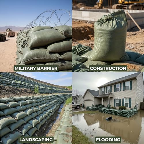 Empty Sandbags Military Green with Ties 14" x 26" - Woven Polypropylene Extra Heavy Duty Sand Bags Flood Protection