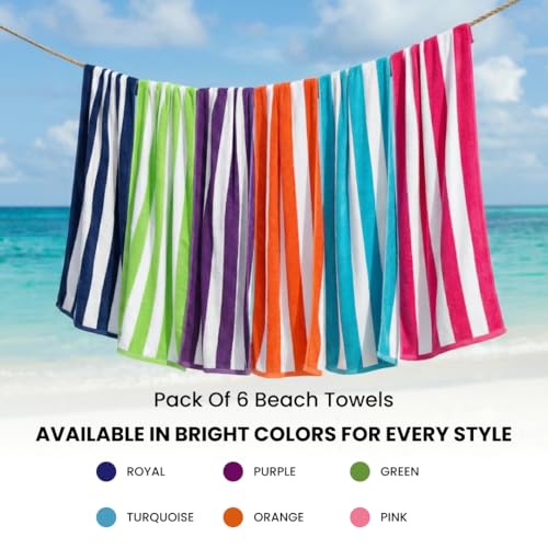 Beach Towels 6 Pack Large 30x60-100% Cotton Beach & Pool Towels Bulk Cabana Stripe - Quick Dry Bath Towel Set for Swim, Beach Essentials, Bathroom, Hot Tub, Yoga, Hotel & Airbnb Guests - color: Green, Purple, Turquoise, Orange, Royal Blue, Pink