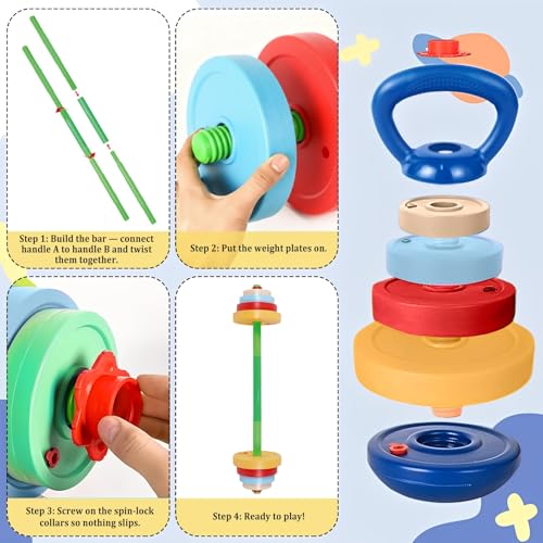 OCES 5-in-1 Kids Weight Set — Adjustable Fillable Toddler Weights Gym Set (Barbell, Dumbbells, Kettlebell, Ring Toss, Push-up) Kids Workout Equipment Beginner Home Gym Play Exercise Fitness Toy