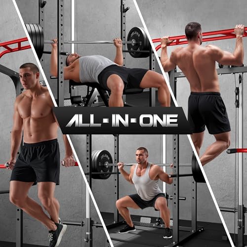 S11 Power Cage, 2000LB Multi-Function Power Rack with LAT Pulldown, Squat Rack with Adjustable Pulley System and Training Attachments, Weight Rack for Home Gym - style: 370LB Colored Weights Package
