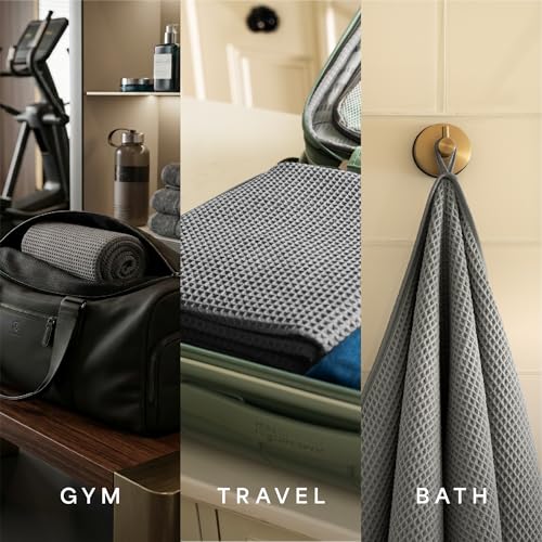 S&T INC. Aura Microfiber Waffle Bath Towels, 4 Pack, Quick-Dry, Ultra Absorbent, Lightweight Towels for Bathroom, 30 inches x 60 inches, 420GSM, Grey