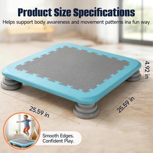 25" Square Mini Trampoline Board for Kids, Indoor Sensory Rebounder & Safe Jumping Pad with Non-Slip Base, Develops Balance Coordination & Motor Skills, Durable for Ages 3-12, Holds 165 lbs