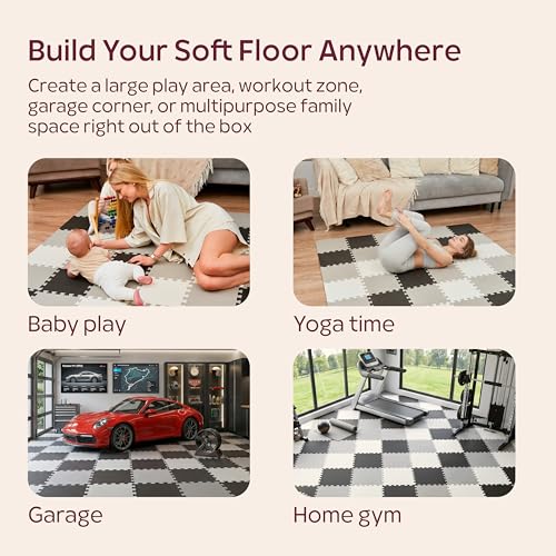 Foam Play Mat for Floor - 12 Interlocking Tiles 35x47 in, 0.6" Thick Puzzle Mat for Baby, Toddler & Home Gym, Cross-Texture EVA Foam, Edge Borders Included, Black White Gray